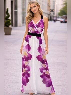 Express White Maxi Dress with Purple Floral Print and Black Waist